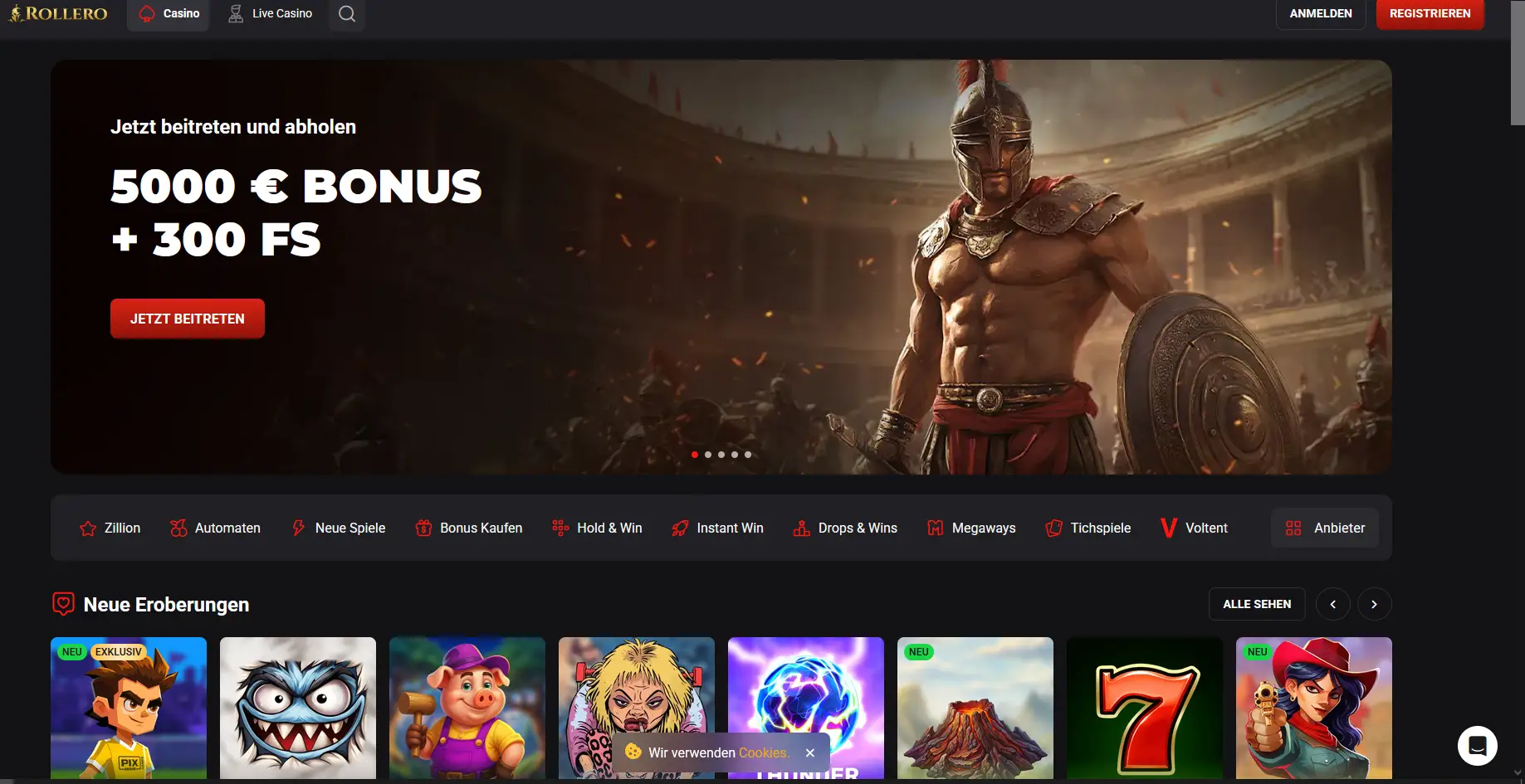 Rollero Casino Startseite mit Spielübersicht