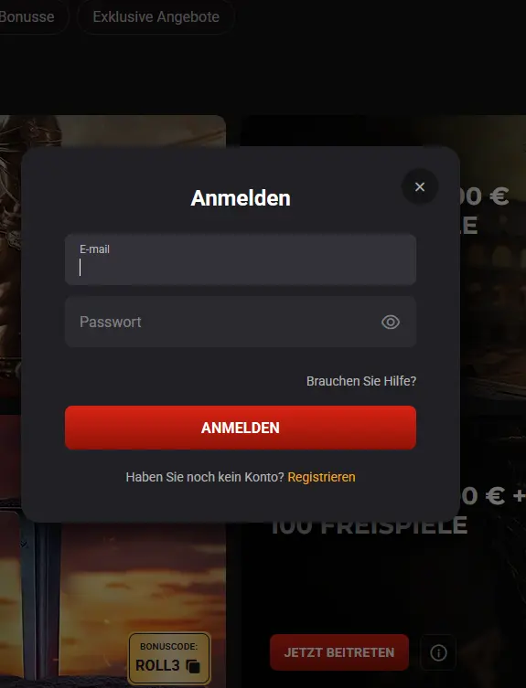 Rollero Login-Maske mit E-Mail und Passwort