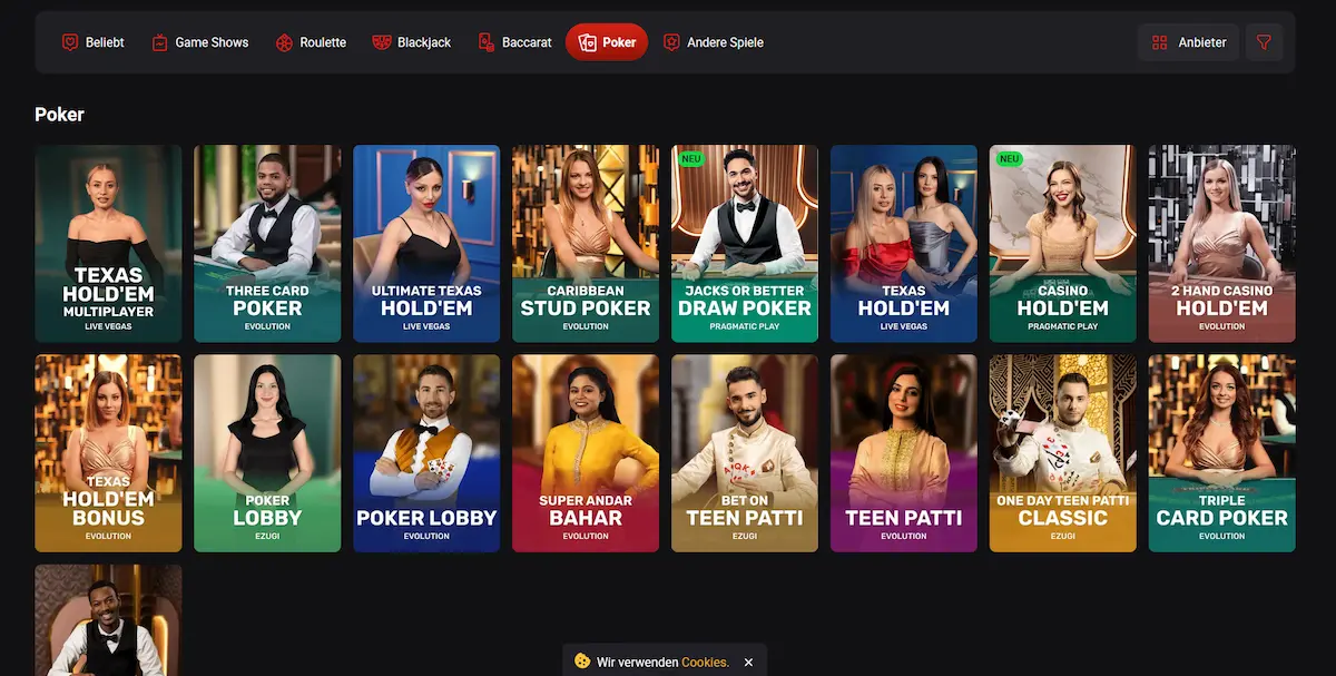 Live-Poker-Tisch mit Casino Hold'em bei Rollero