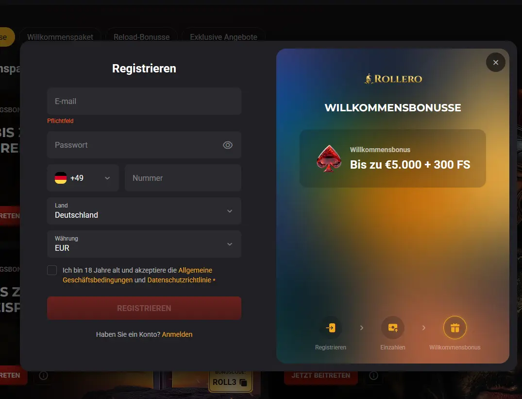 Rollero Registrierungsformular im mobilen Browser